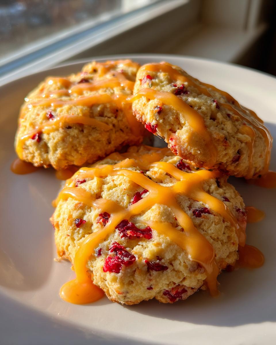 Three delicious cranberry orange cookies drizzled generously with bright orange caramel glaze, sitting on a white plate.