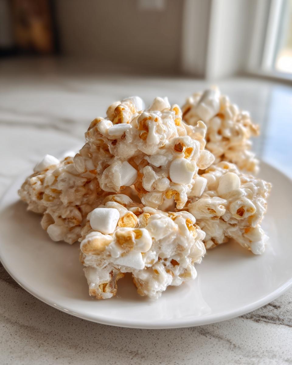 A serving of white, gooey avalanche cookies made with popcorn and marshmallows on a white plate.