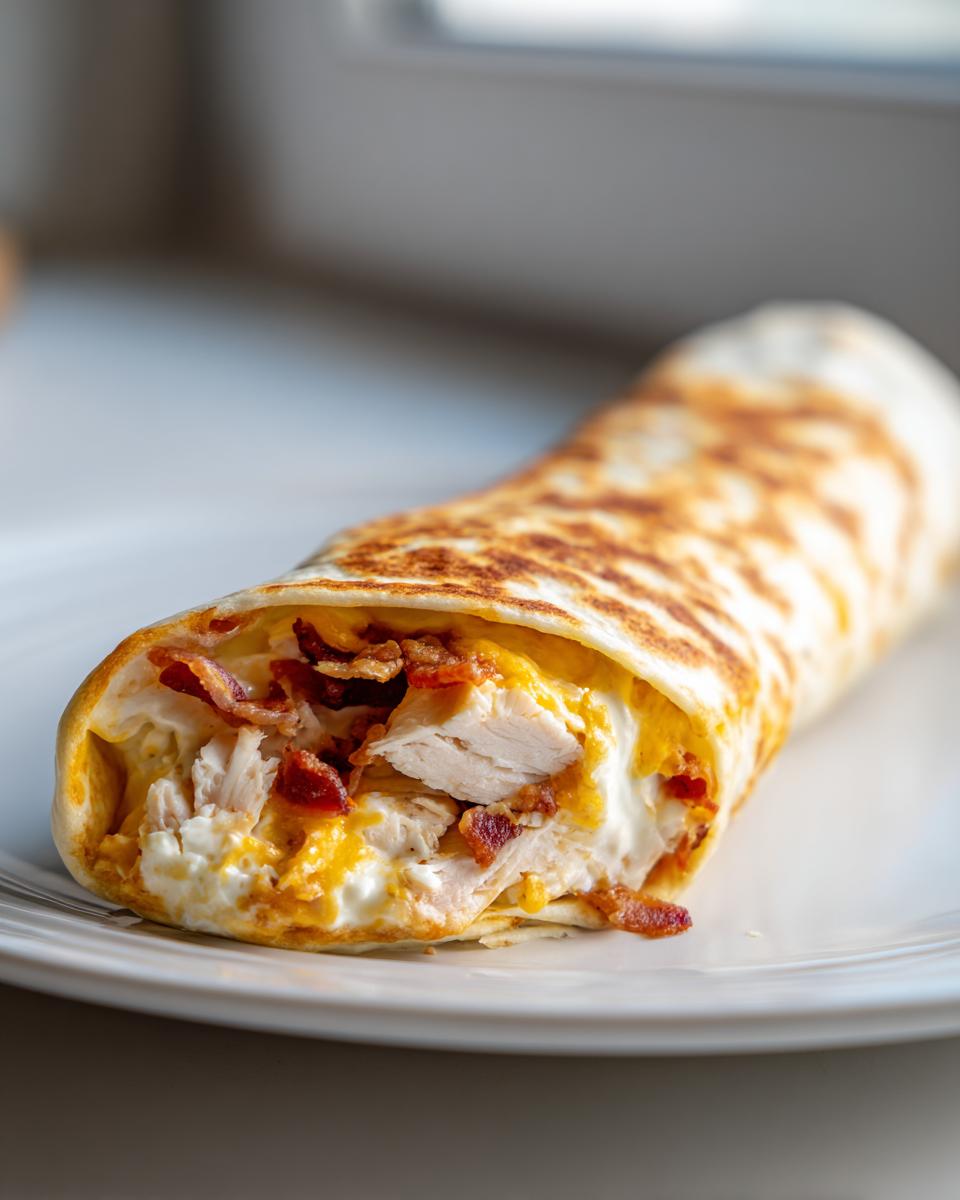 A close-up view of a toasted chicken bacon ranch wrap cut open, showing chunks of white chicken, crispy bacon, and creamy ranch sauce.