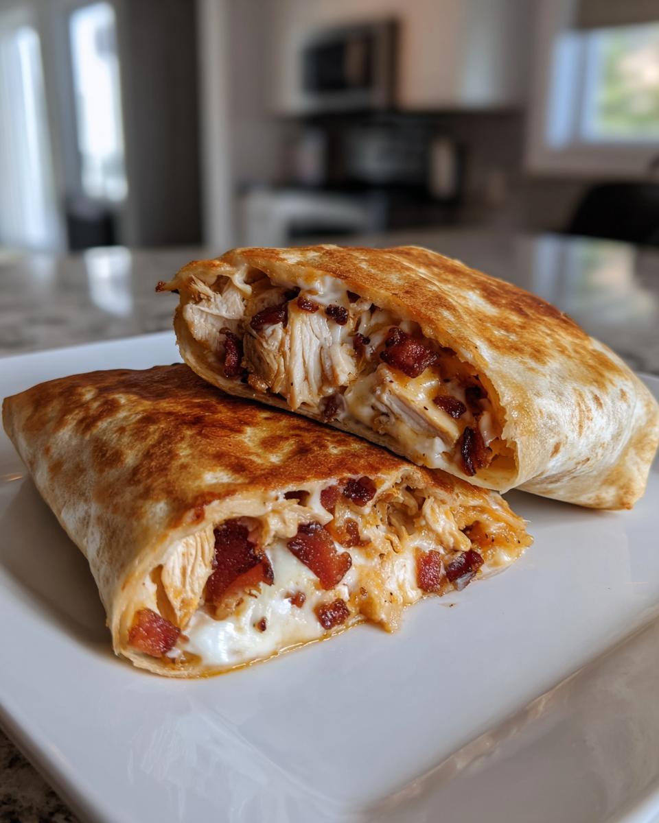 A grilled chicken bacon ranch wrap cut in half, revealing shredded chicken, bacon pieces, and melted cheese.
