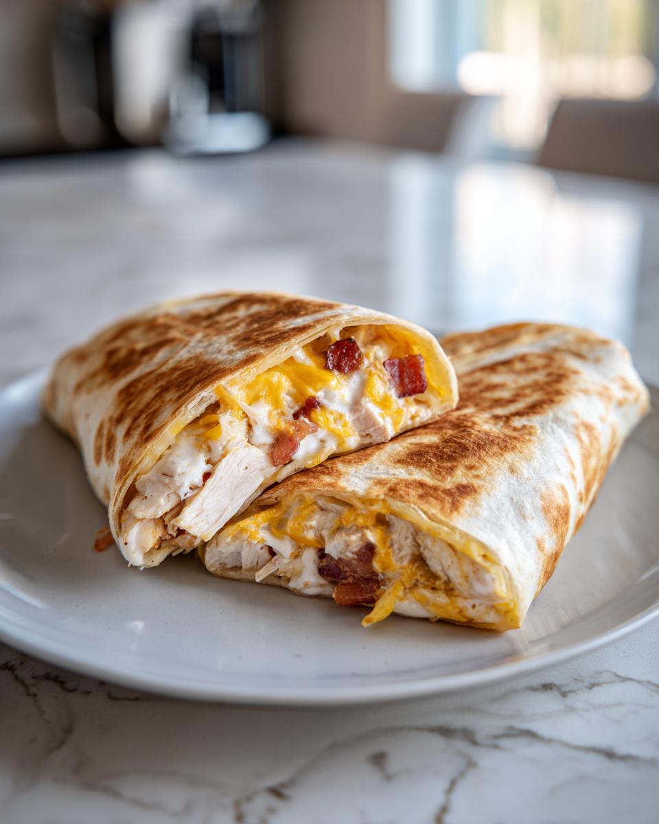 A grilled chicken bacon ranch wrap cut in half, revealing shredded chicken, bacon, cheese, and ranch filling.