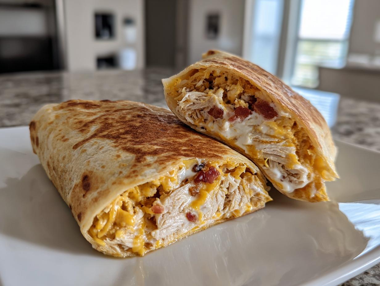 A grilled chicken bacon ranch wrap cut in half, revealing shredded chicken, bacon, cheese, and ranch dressing.