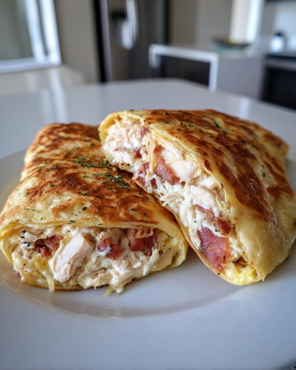 Cross-section of a savory chicken bacon ranch wrap, showing creamy filling inside a golden, folded exterior.