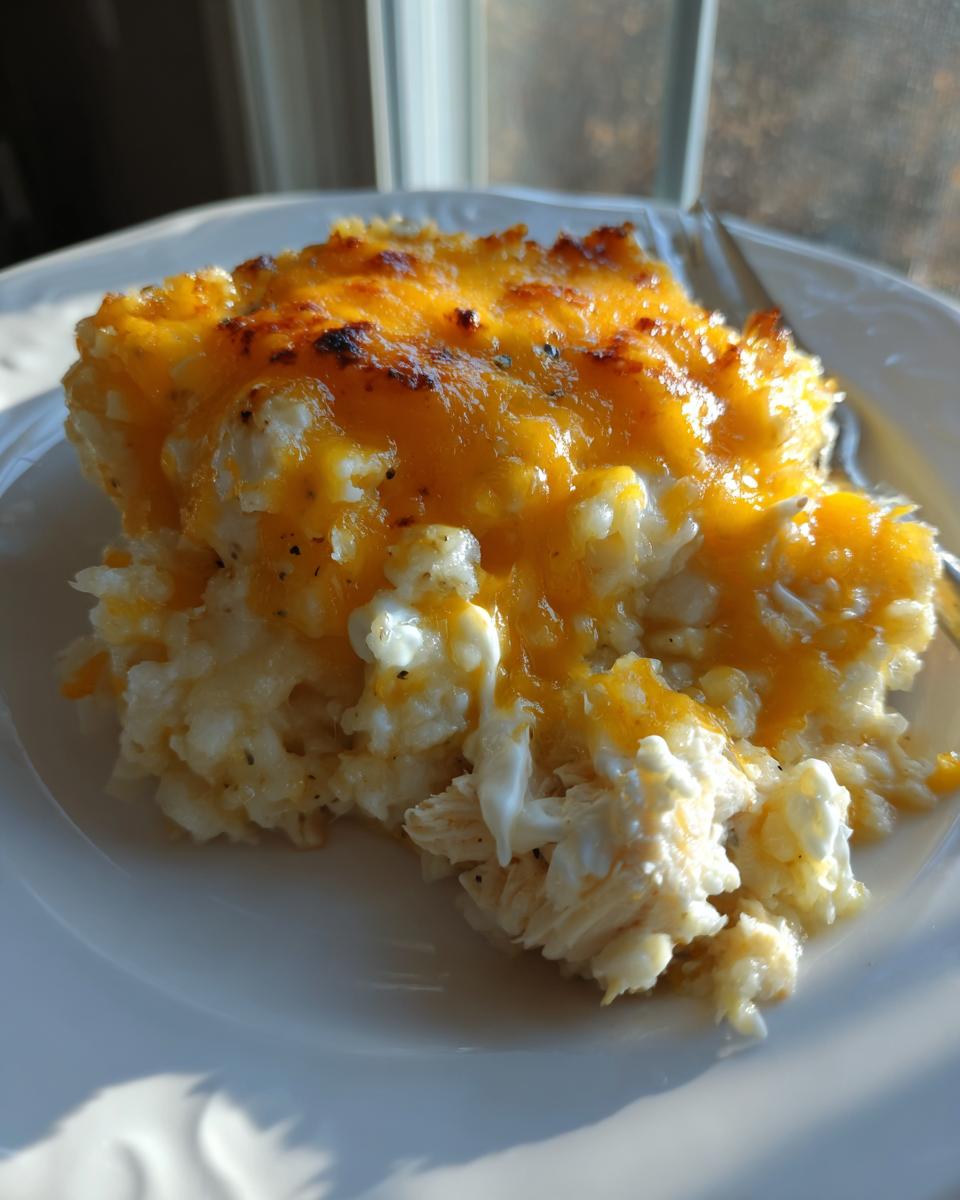 A close-up serving of chicken cauliflower rice casserole topped with melted, browned cheddar cheese on a white plate.