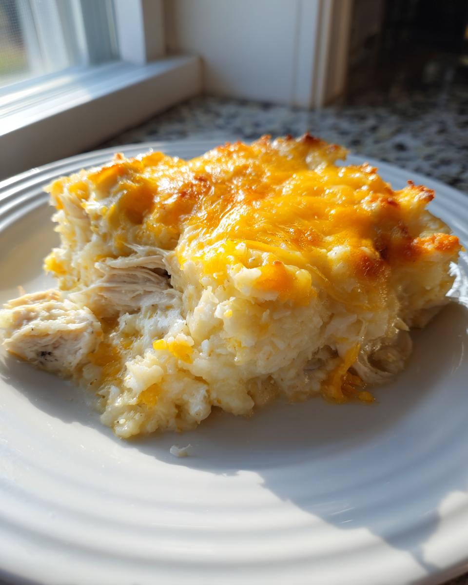 A generous serving of chicken cauliflower rice casserole topped with melted, golden cheddar cheese on a white plate.