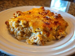 A close-up serving of creamy chicken cauliflower rice casserole topped with melted, browned cheddar cheese.