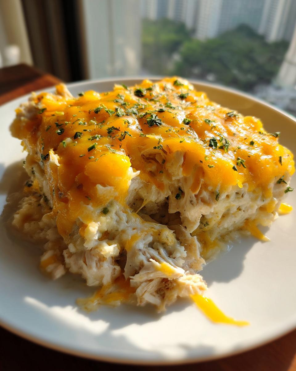 A close-up serving of chicken cauliflower rice casserole topped with melted cheddar cheese and parsley.