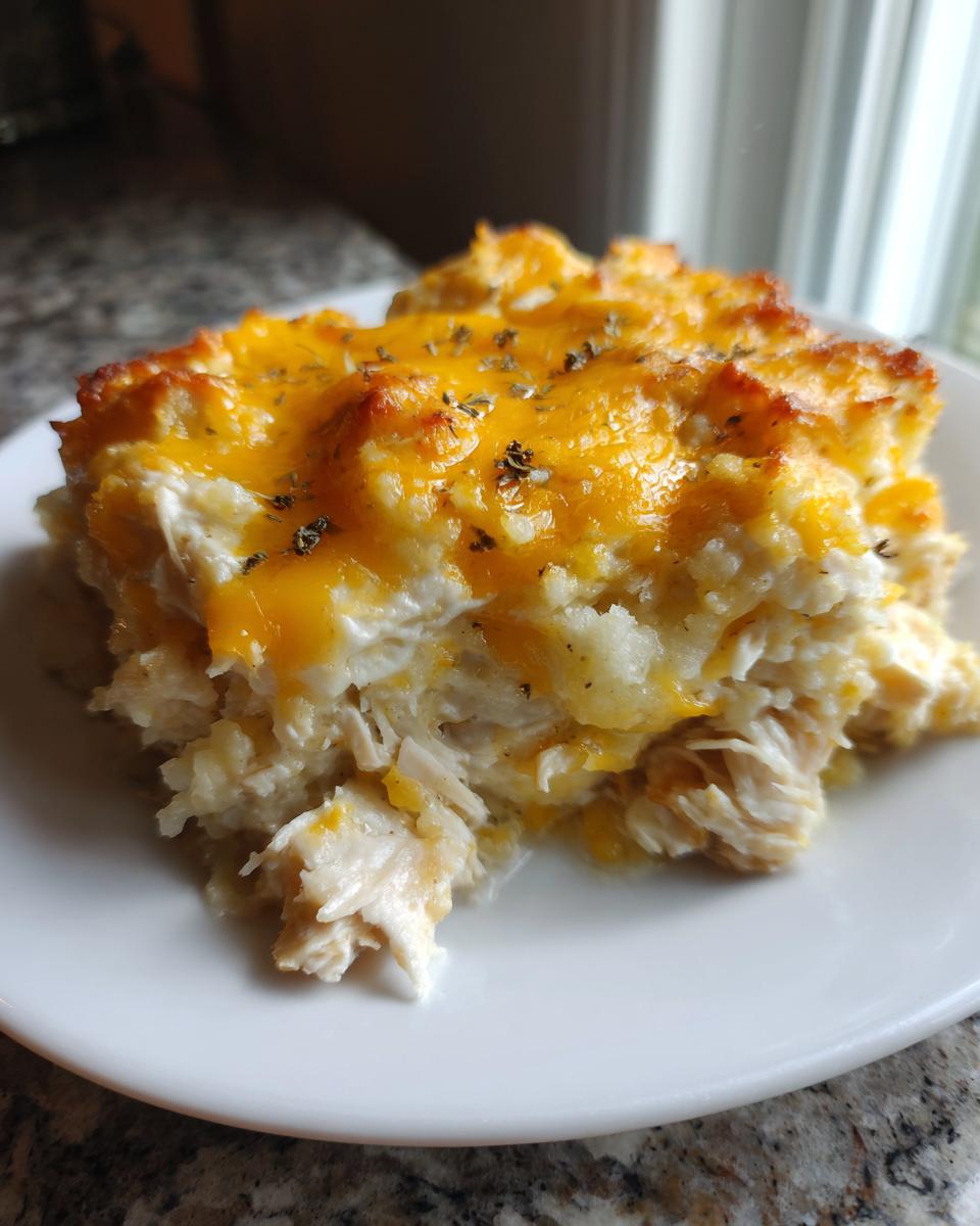 A close-up of a serving of chicken cauliflower rice casserole topped with melted cheddar cheese and herbs.
