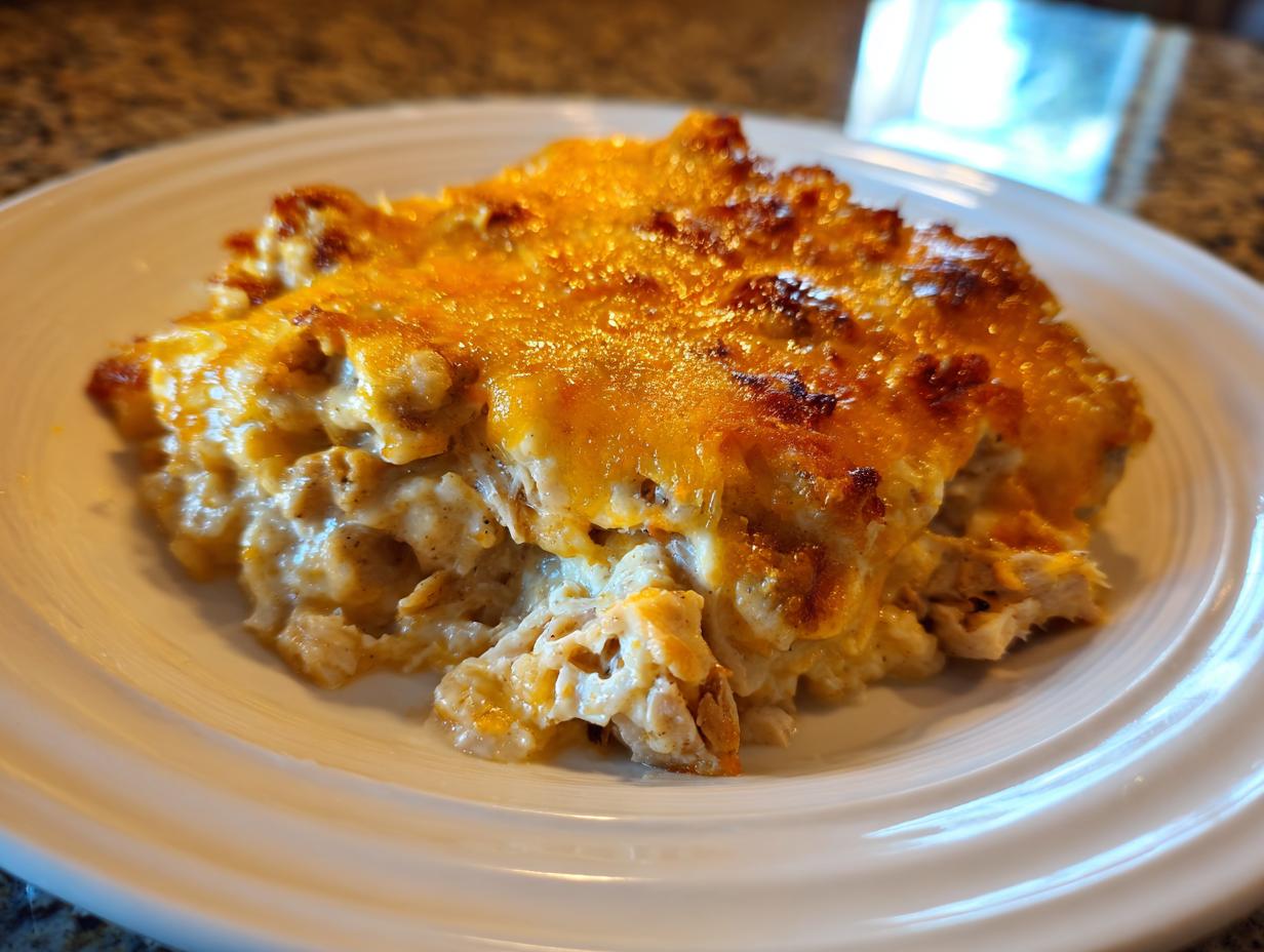 A close-up serving of creamy chicken cauliflower rice casserole topped with melted, browned cheddar cheese.