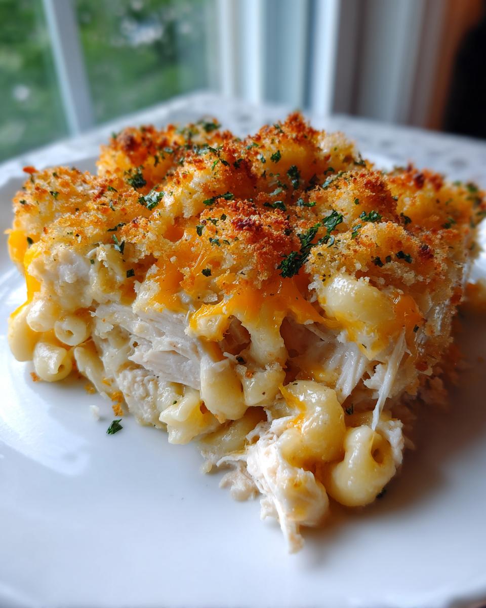 A close-up serving of creamy chicken noodle casserole topped with melted cheddar and golden breadcrumbs.