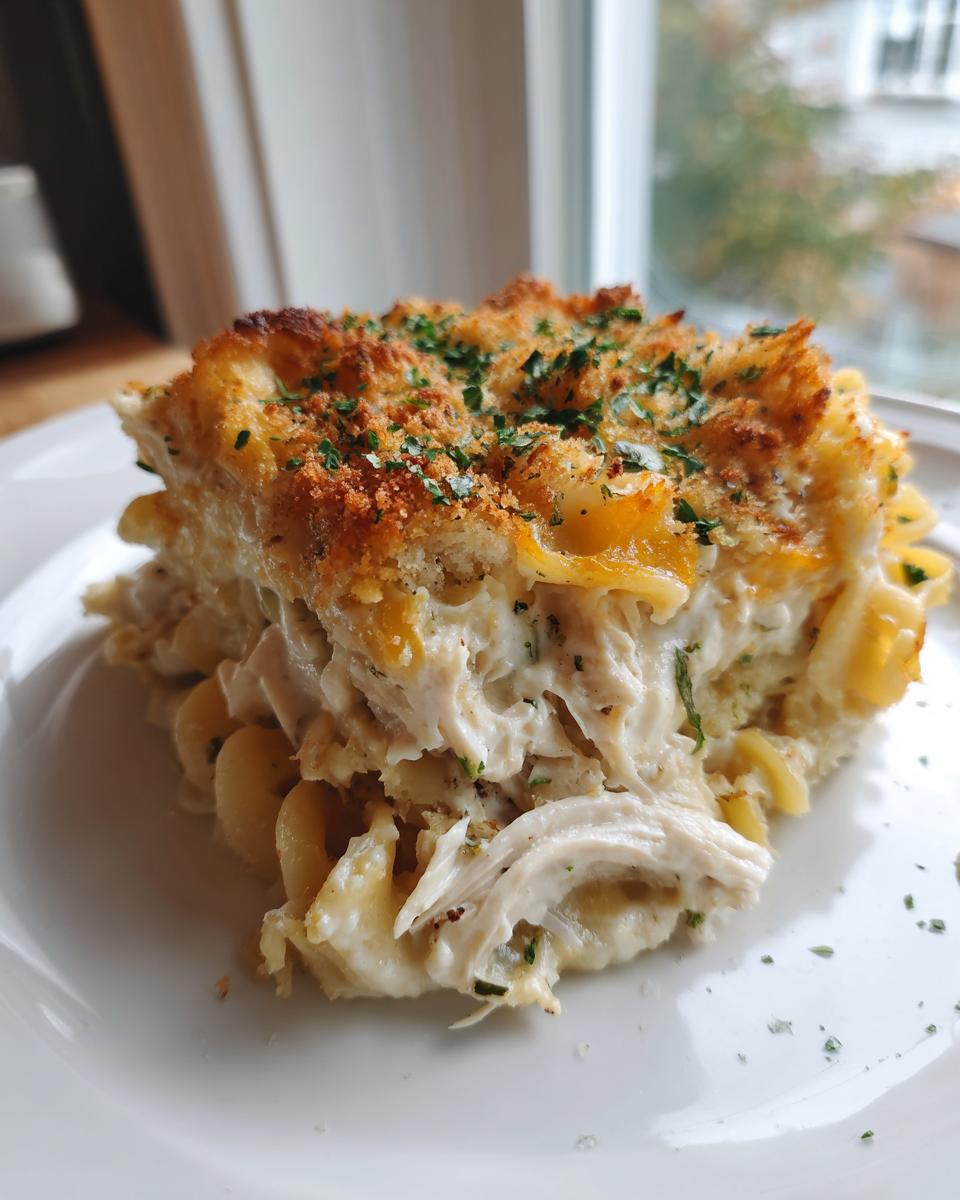 A generous serving of creamy chicken noodle casserole featuring shredded chicken, pasta, and a golden, herbed breadcrumb topping.