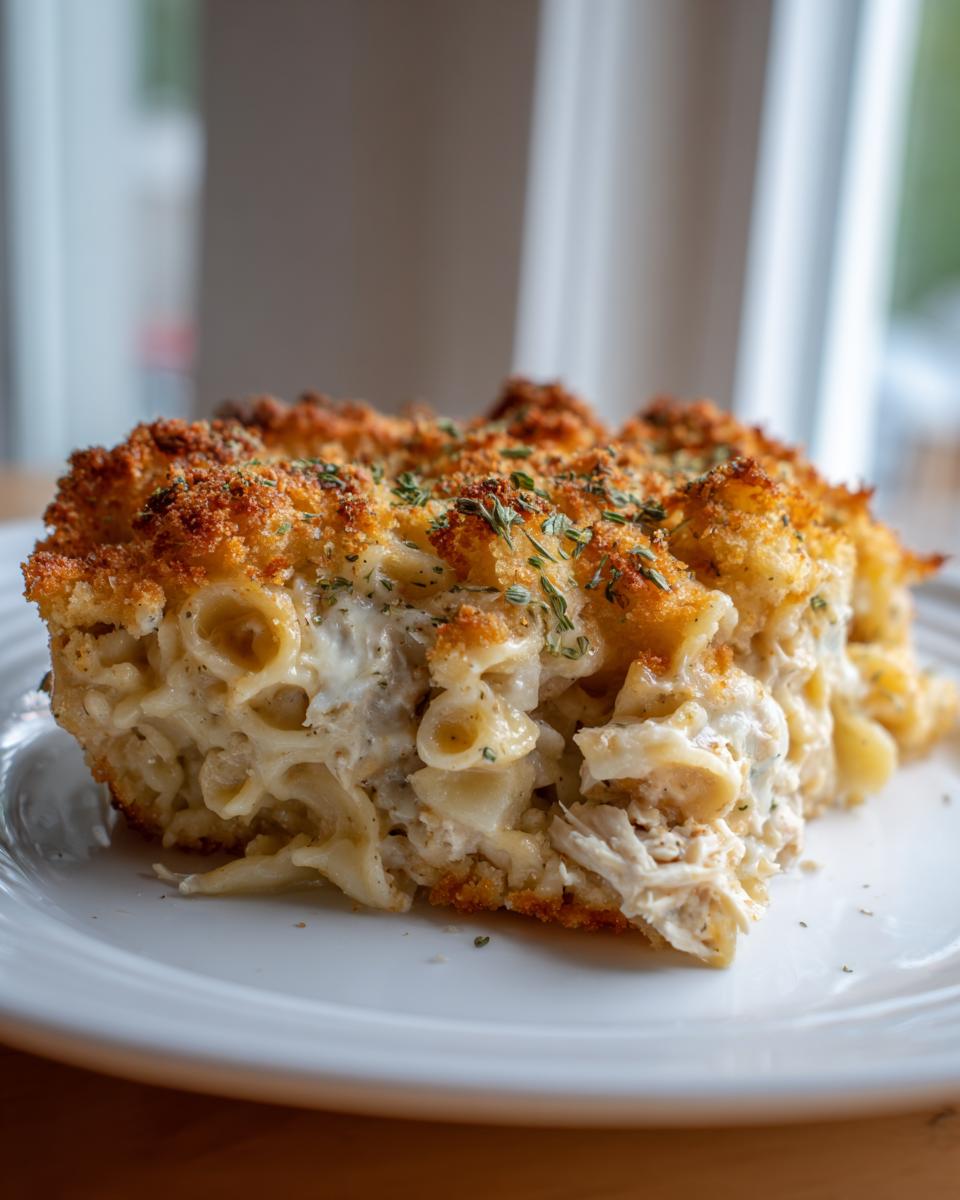 A close-up of a hearty slice of chicken noodle casserole with a creamy interior and golden, crispy breadcrumb topping.