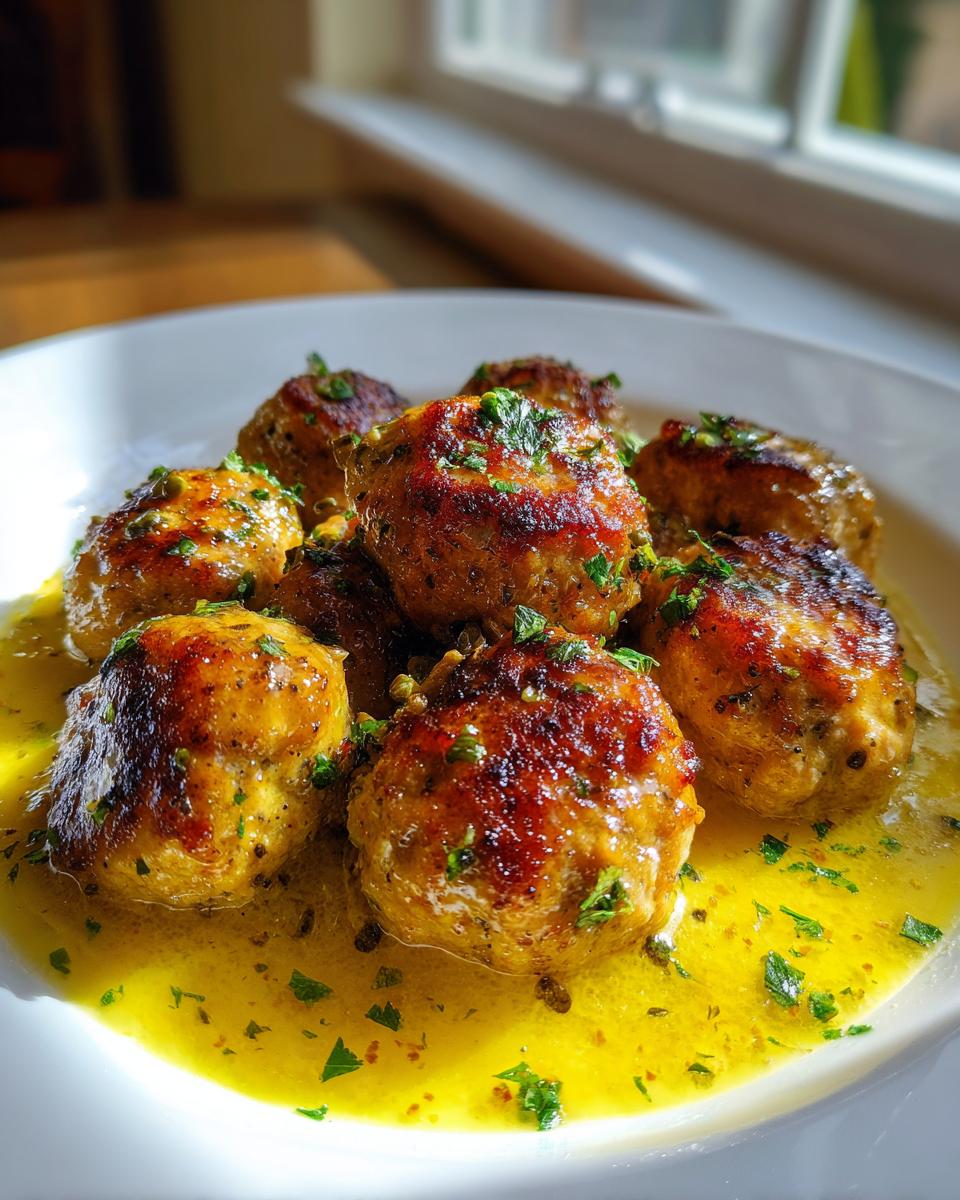 Close-up of golden-brown chicken piccata meatballs swimming in a bright, buttery lemon-caper sauce, garnished with parsley.
