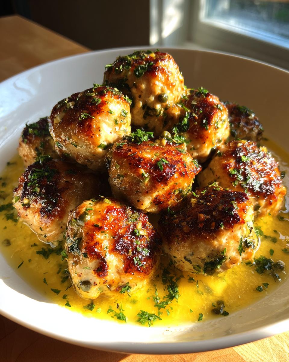 A bowl piled high with golden-brown chicken piccata meatballs swimming in a bright lemon butter sauce and topped with parsley.