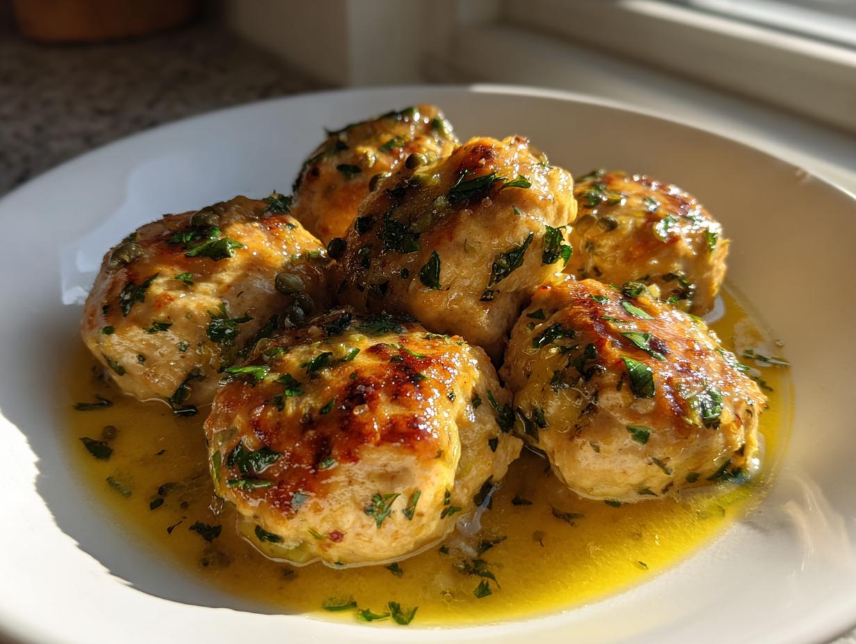 Five golden brown chicken piccata meatballs served in a bright lemon-butter sauce, garnished with fresh parsley and capers.