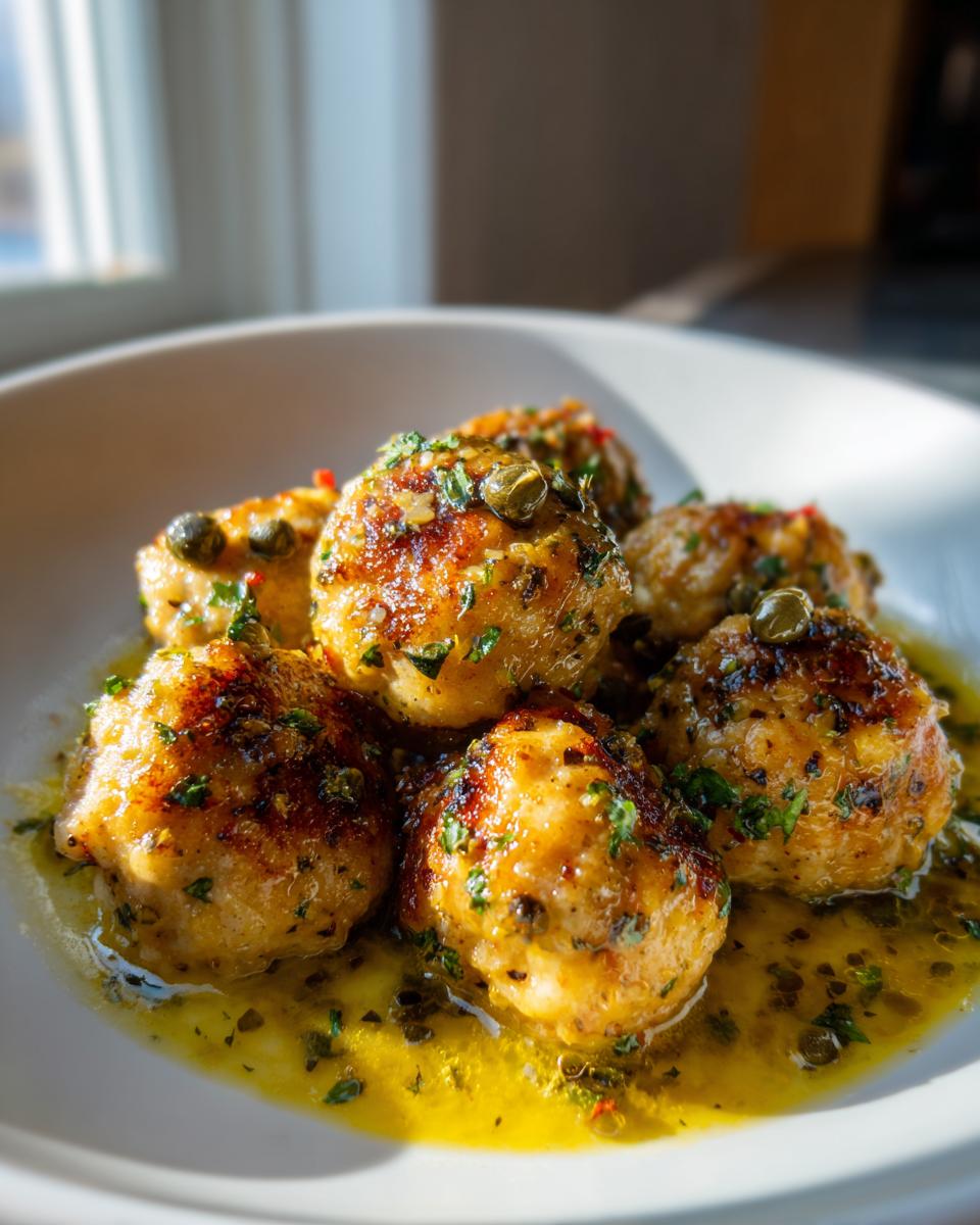 Close-up of golden-brown chicken piccata meatballs served in a bright lemon-butter sauce with capers and parsley.