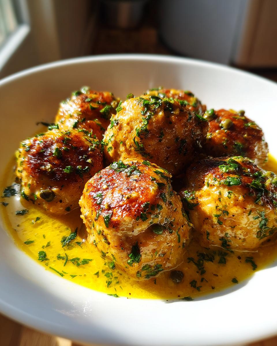 Close-up of browned chicken piccata meatballs swimming in a bright yellow lemon-butter sauce, garnished with fresh parsley and capers.