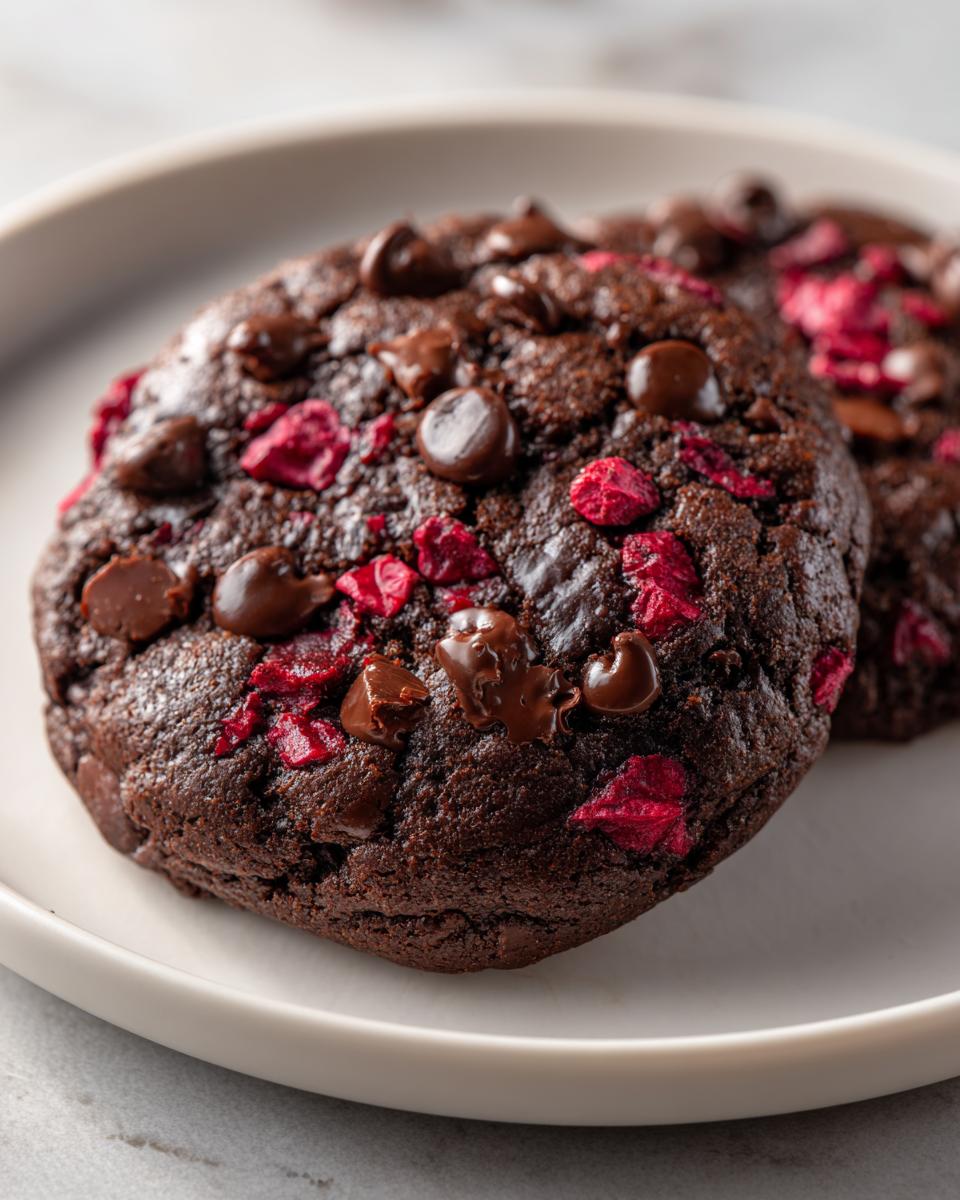 Two rich, dark chocolate cherry cookies studded with chocolate chips and bright red dried cherries, resting on a light plate.