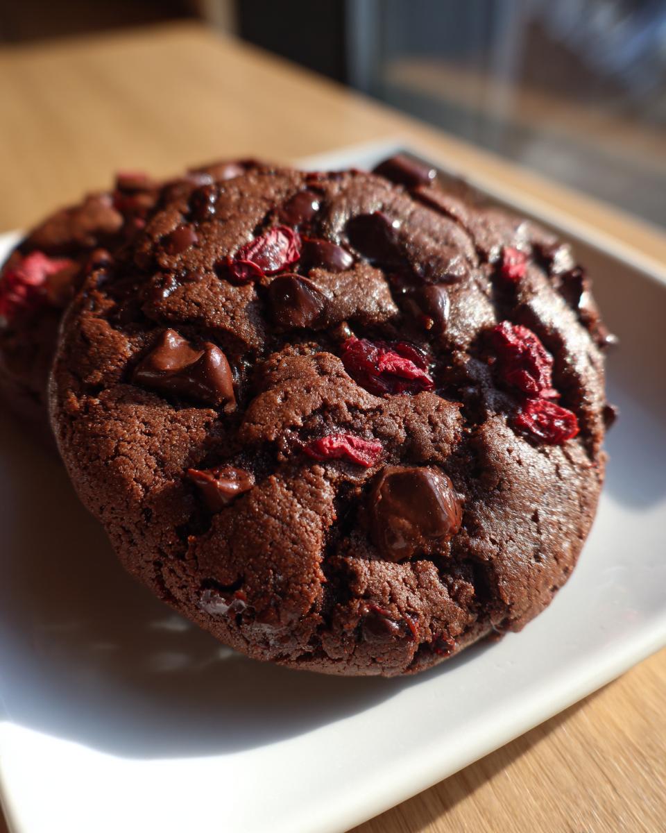 Close-up of a freshly baked, rich chocolate cherry cookies loaded with chocolate chips and dried cherries.