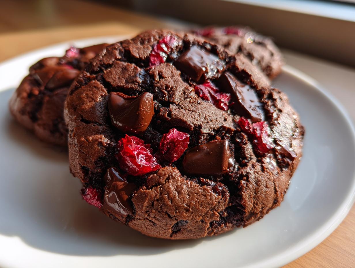Close-up of a rich, dark chocolate cherry cookies, studded with melted chocolate chunks and dried red cherries.