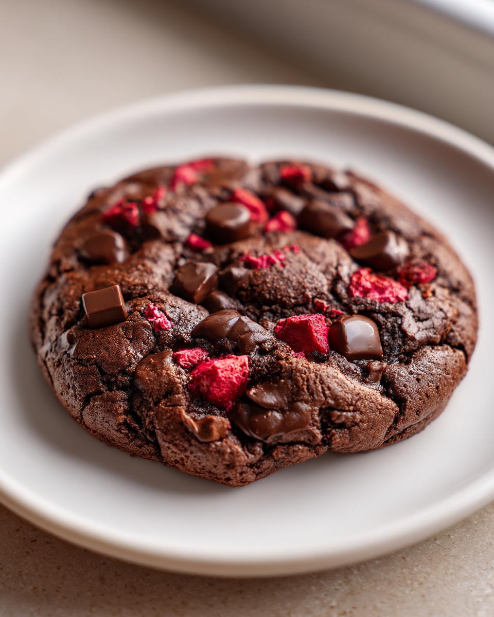 Close-up of a rich, dark chocolate cherry cookies topped with melted chocolate chips and bright red dried cherries.