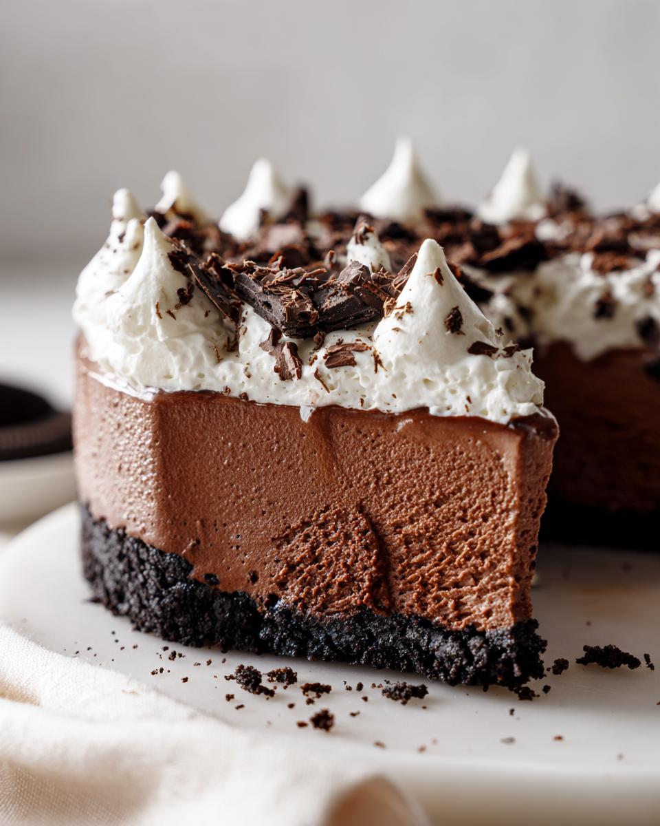 A close-up slice of a decadent chocolate mousse pie featuring a dark crust, thick mousse filling, and whipped cream topping with chocolate shavings.