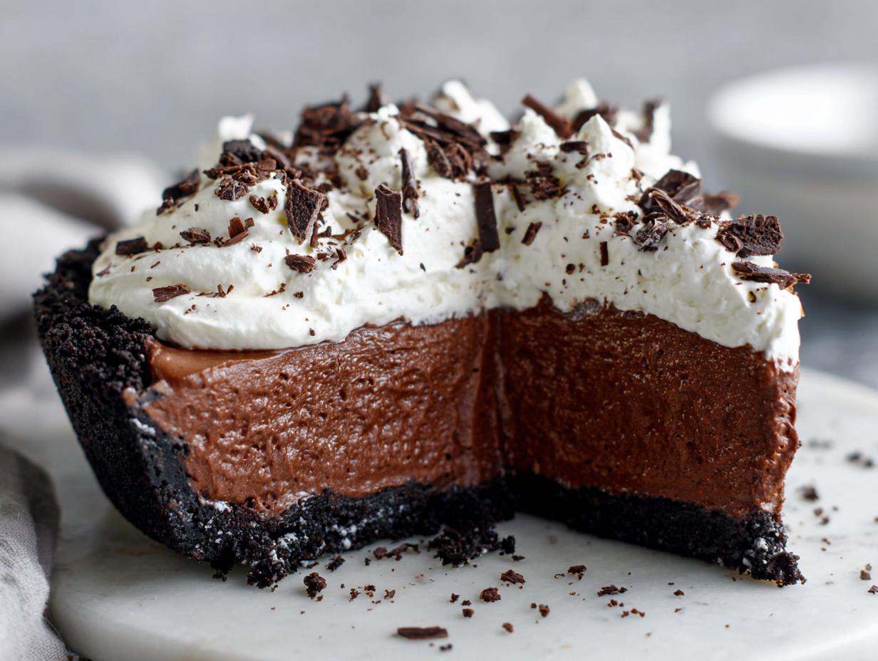 A close-up slice of decadent chocolate mousse pie with a dark crust, topped with whipped cream and chocolate shavings.