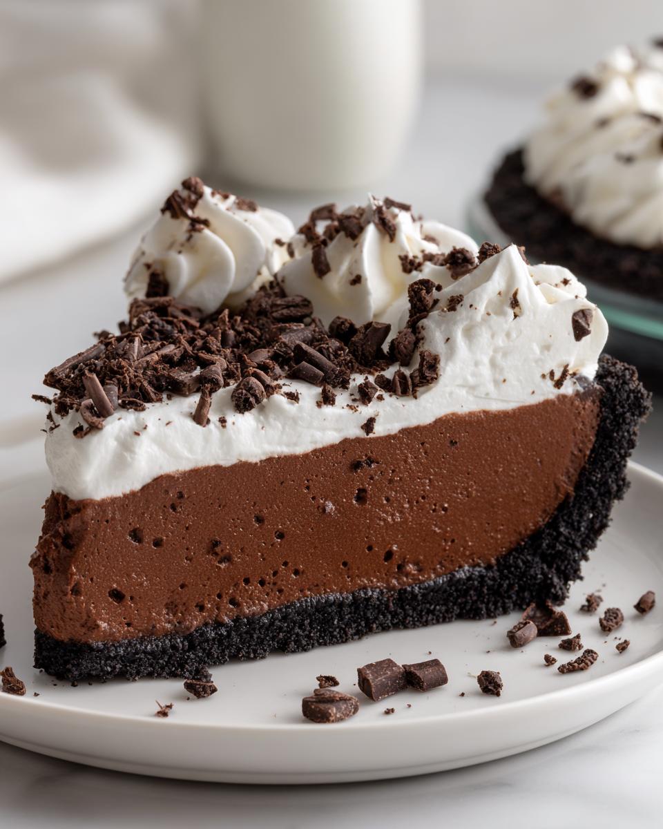 A decadent slice of chocolate mousse pie featuring a dark crust, thick chocolate filling, and topped with whipped cream and chocolate shavings.