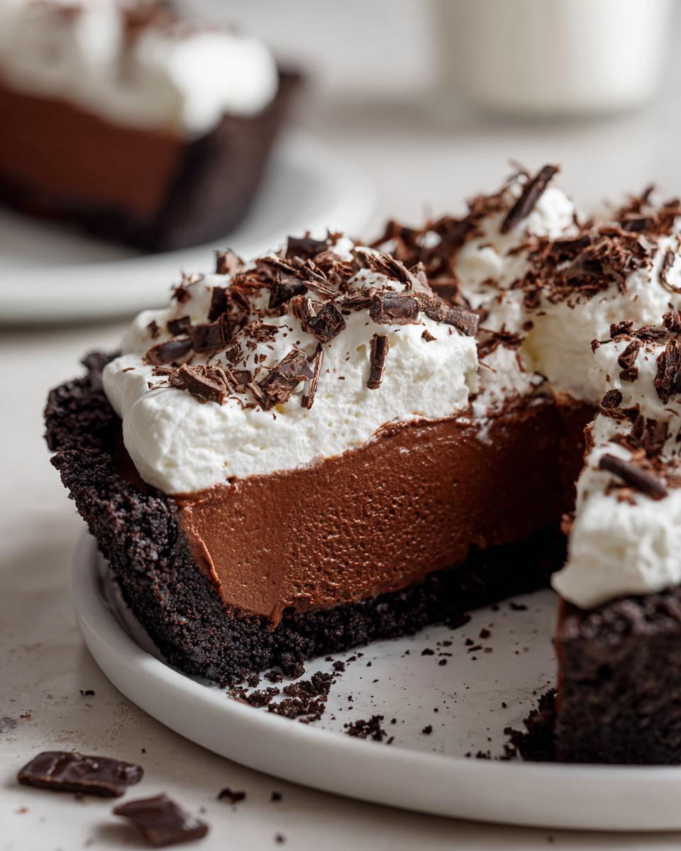 Close-up of a slice of decadent chocolate mousse pie with a dark crust, topped with whipped cream and chocolate shavings.