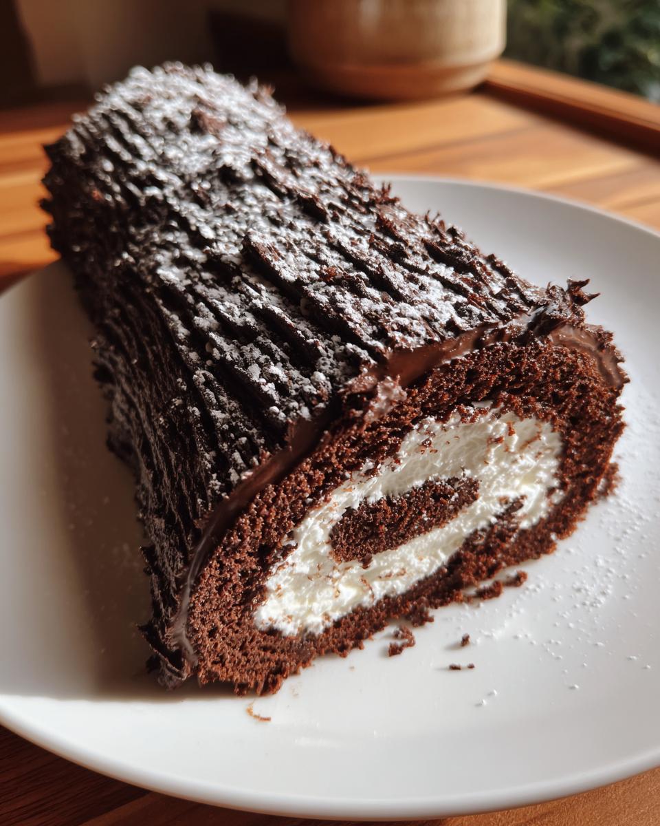 A close-up of a slice of chocolate yule log cake showing the dark chocolate bark texture and white cream swirl filling.