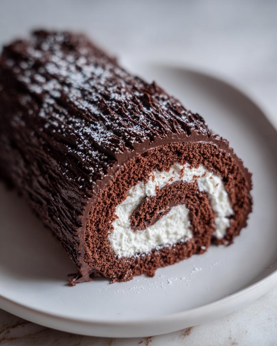 A slice of chocolate yule log cake showing the dark chocolate frosting texture and white cream swirl filling.