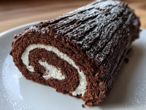 A cross-section slice of a chocolate yule log cake showing the dark sponge rolled with white cream filling.