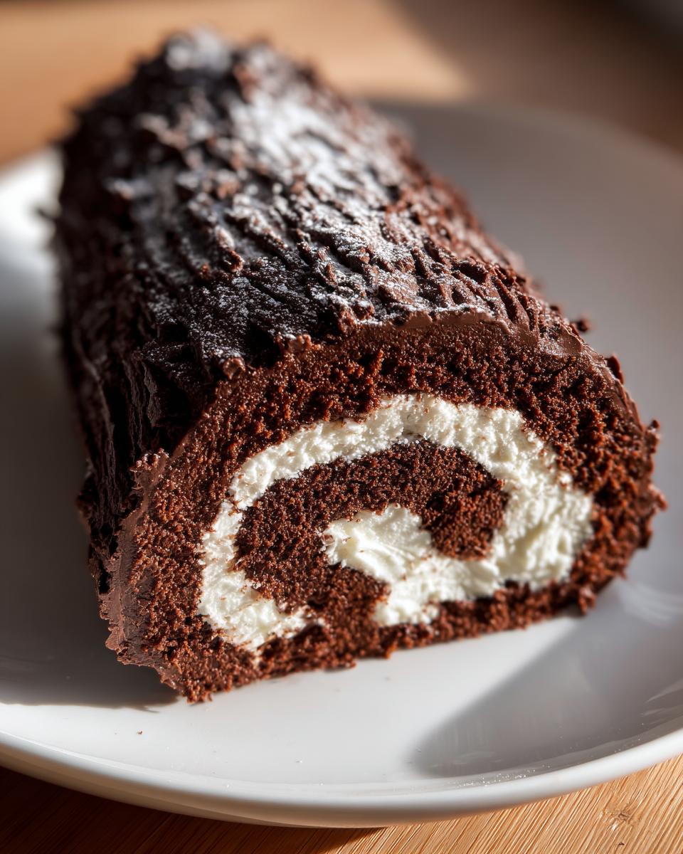 A close-up cross-section of a rich chocolate yule log cake filled with white cream, dusted with powdered sugar.