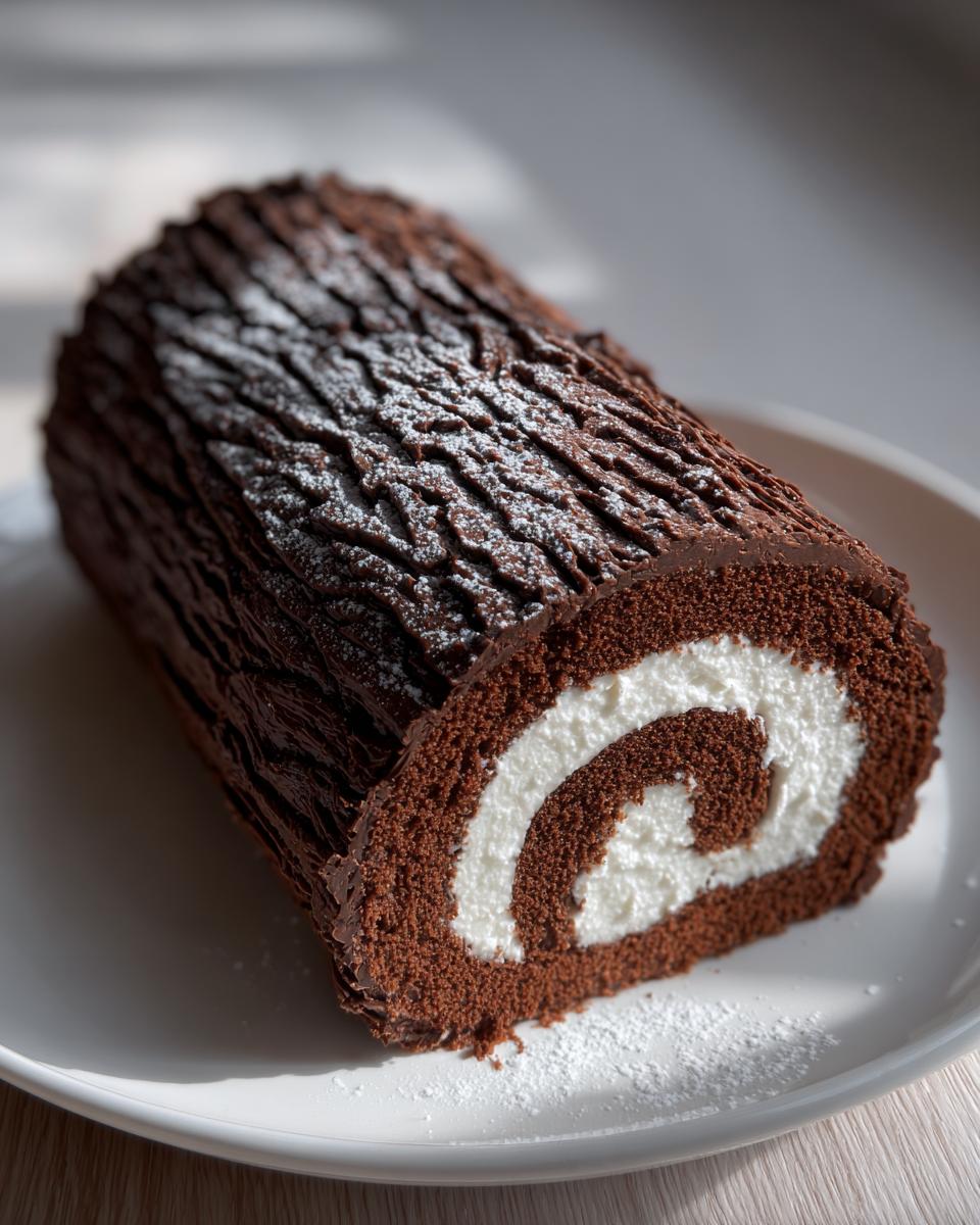 A cross-section view of a chocolate yule log cake showing the dark chocolate sponge and white cream swirl, dusted with powdered sugar.