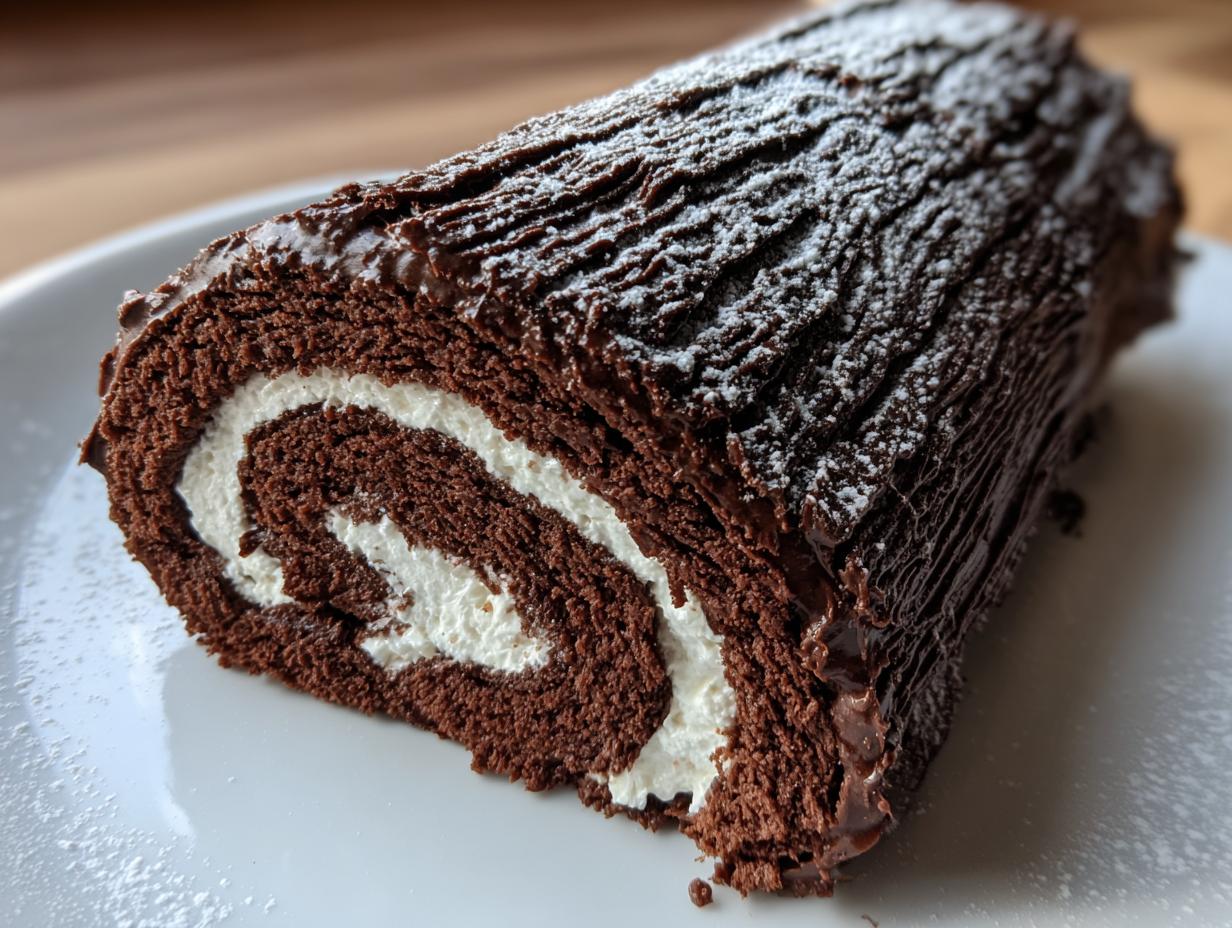 A cross-section slice of a chocolate yule log cake showing the dark sponge rolled with white cream filling.