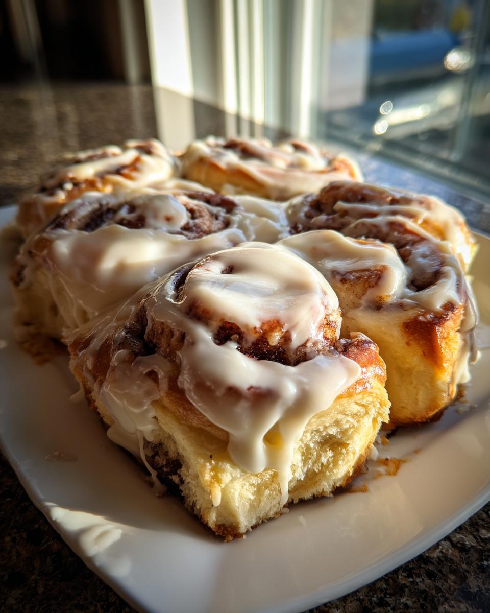 A plate of freshly baked christmas tree cinnamon rolls generously covered in thick white icing, backlit by a window.