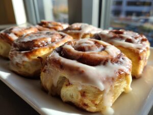 A plate of freshly baked Christmas tree cinnamon rolls generously topped with white icing.