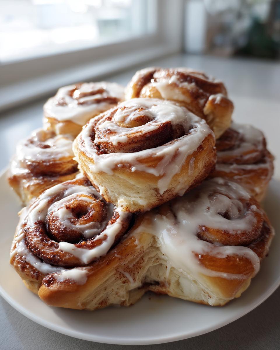 A stack of freshly baked, glazed christmas tree cinnamon rolls piled on a white plate.