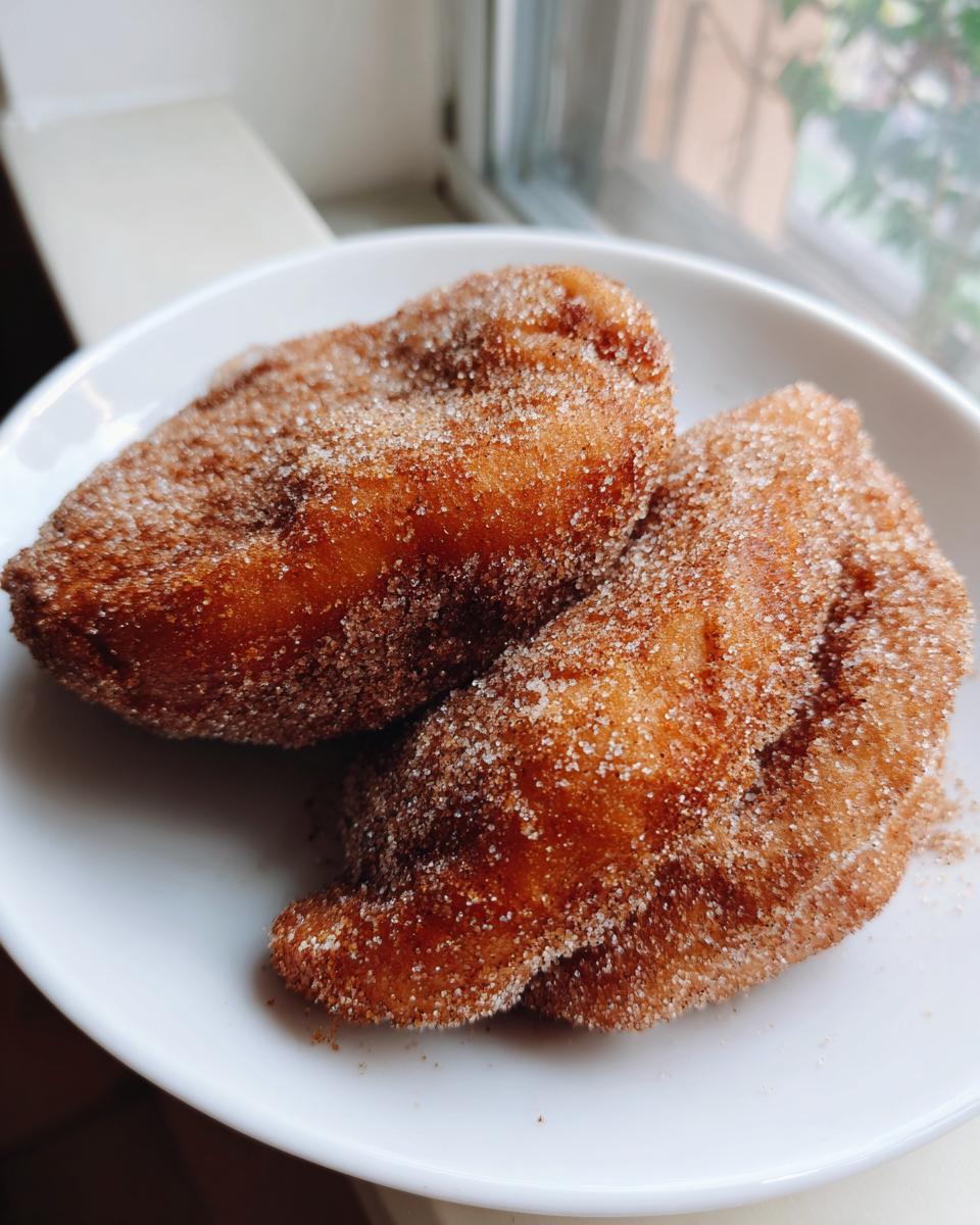 Two freshly fried buñuelos generously coated in cinnamon sugar resting on a small white plate.