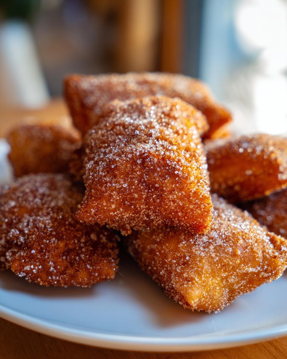 A close-up shot of several golden brown, square-shaped buñuelos heavily coated in sparkling cinnamon sugar.