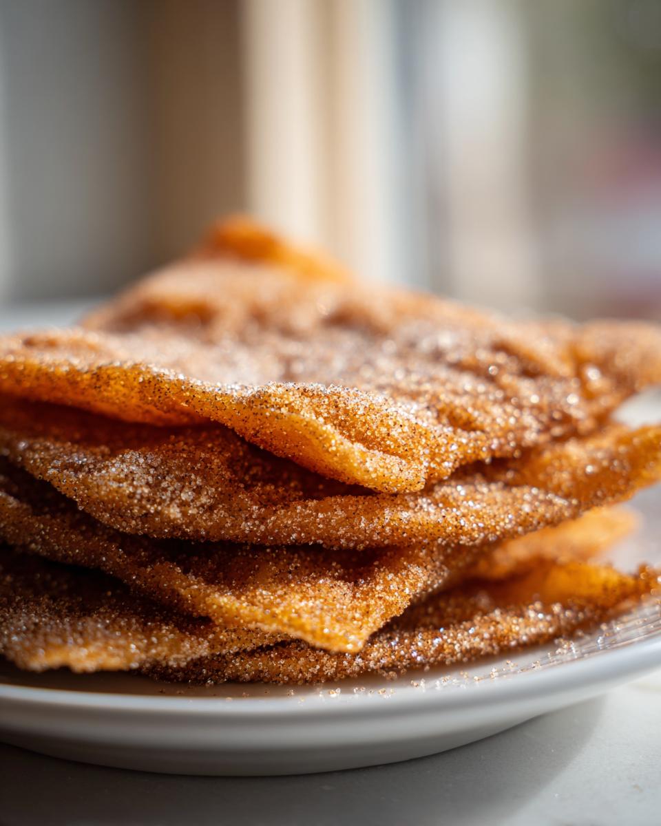 Close-up of a stack of crispy, golden-brown buñuelos generously coated in cinnamon sugar.
