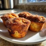 Four golden brown cinnamon sugar french toast muffins heavily coated in sparkling cinnamon sugar, resting on a white plate.