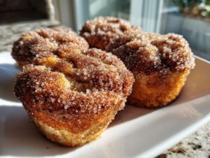 Three golden brown cinnamon sugar french toast muffins heavily coated in sparkling sugar crystals on a white plate.