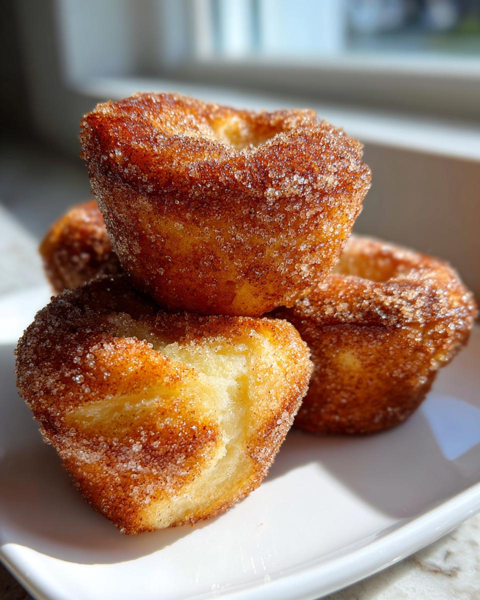 A stack of three golden-brown cinnamon sugar french toast muffins heavily coated in sparkling cinnamon sugar.