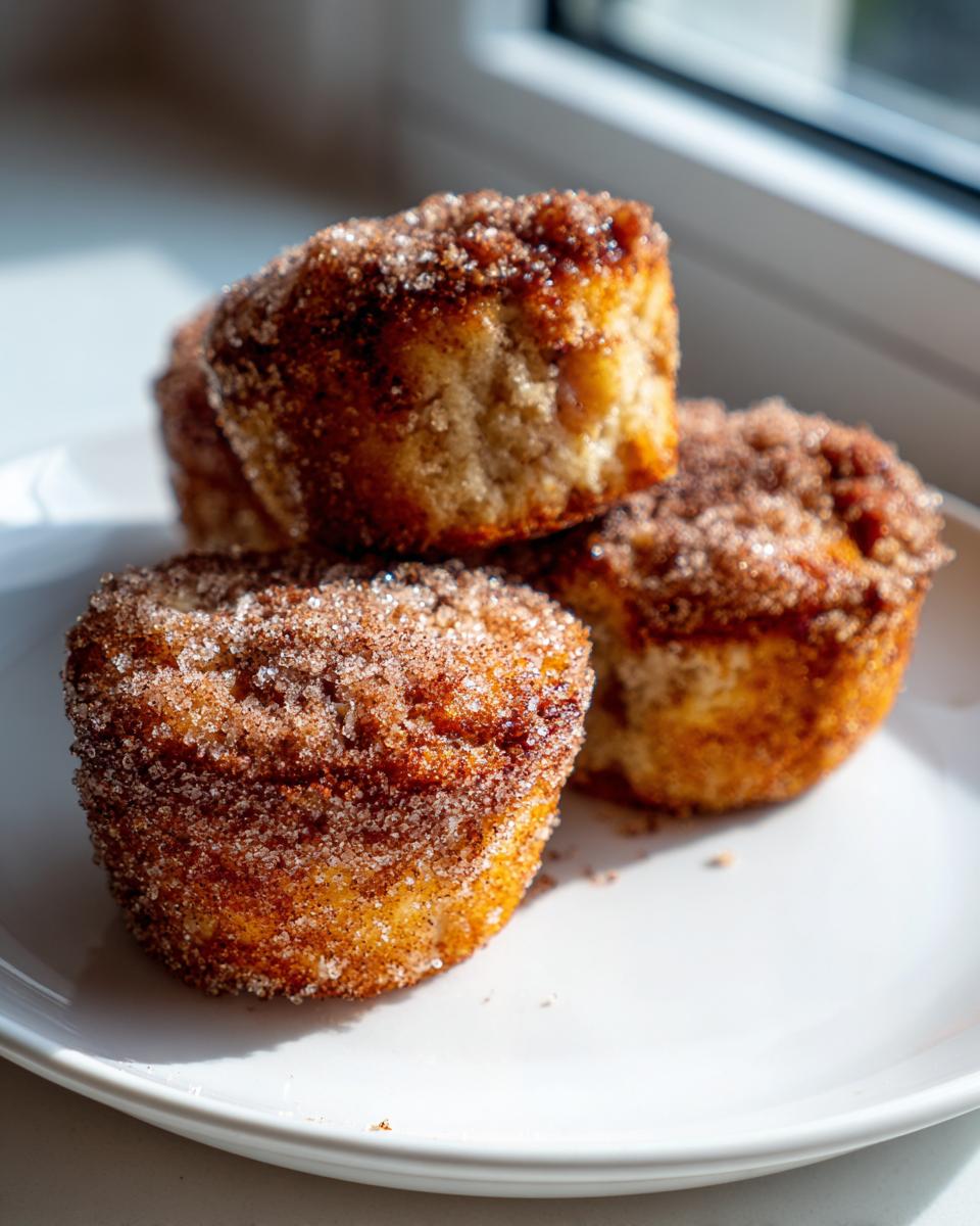 Three golden brown cinnamon sugar french toast muffins stacked slightly on a white plate near a window.