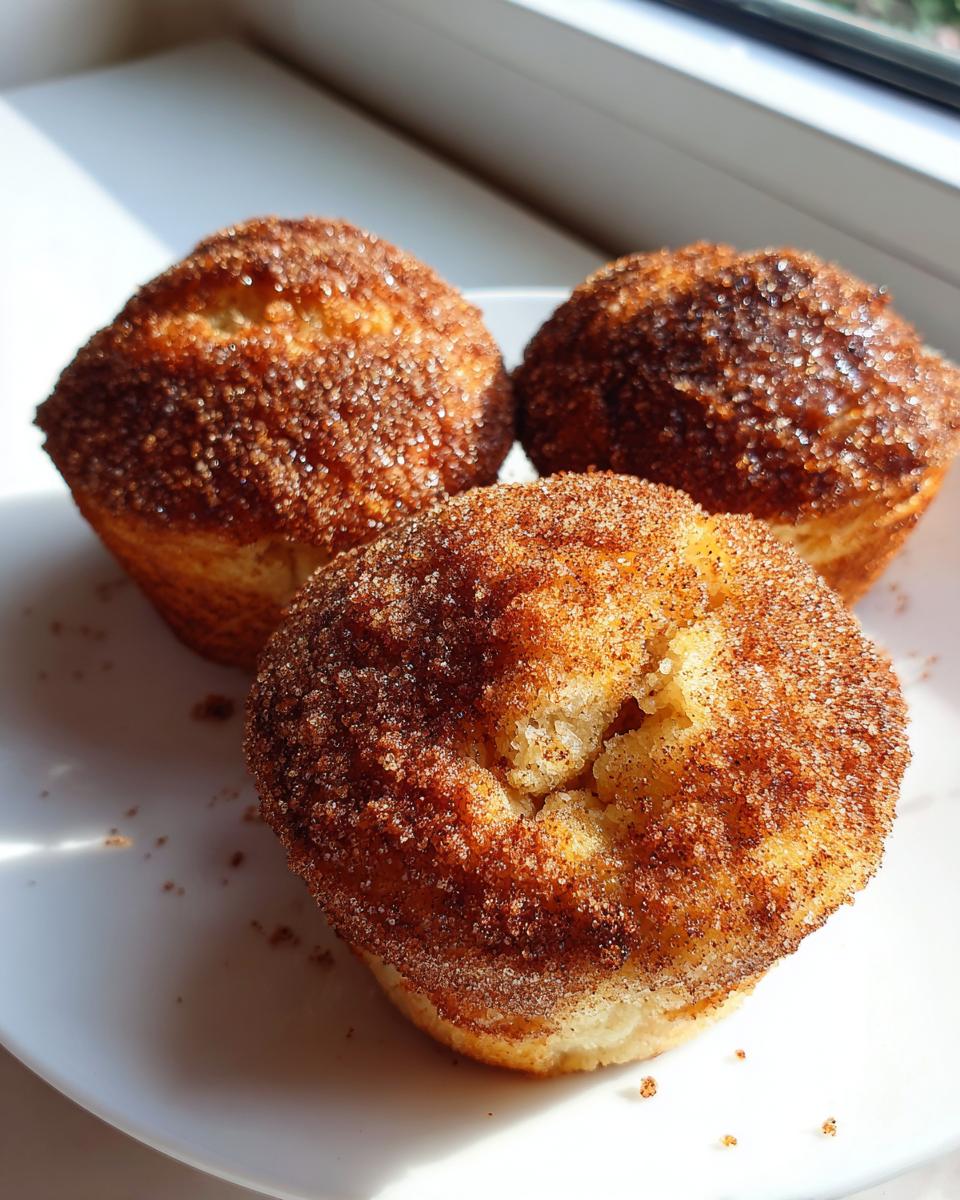 Three golden brown cinnamon sugar french toast muffins heavily coated in sparkling cinnamon sugar mixture.