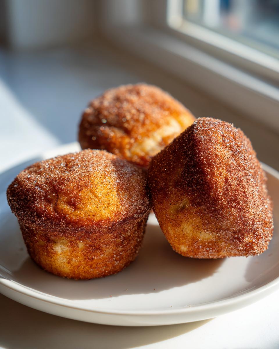 Three golden brown cinnamon sugar french toast muffins heavily coated in cinnamon sugar, resting on a white plate.