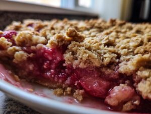A close-up, low-angle shot showing the juicy, bright pink filling and crunchy oat topping of a freshly baked rhubarb crisp.