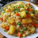 A close-up shot of a serving of vibrant pineapple fried rice mixed with carrots, peas, and scrambled egg.