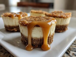 Close-up of individual cookie butter cheesecake cups topped with caramel sauce dripping down the side.